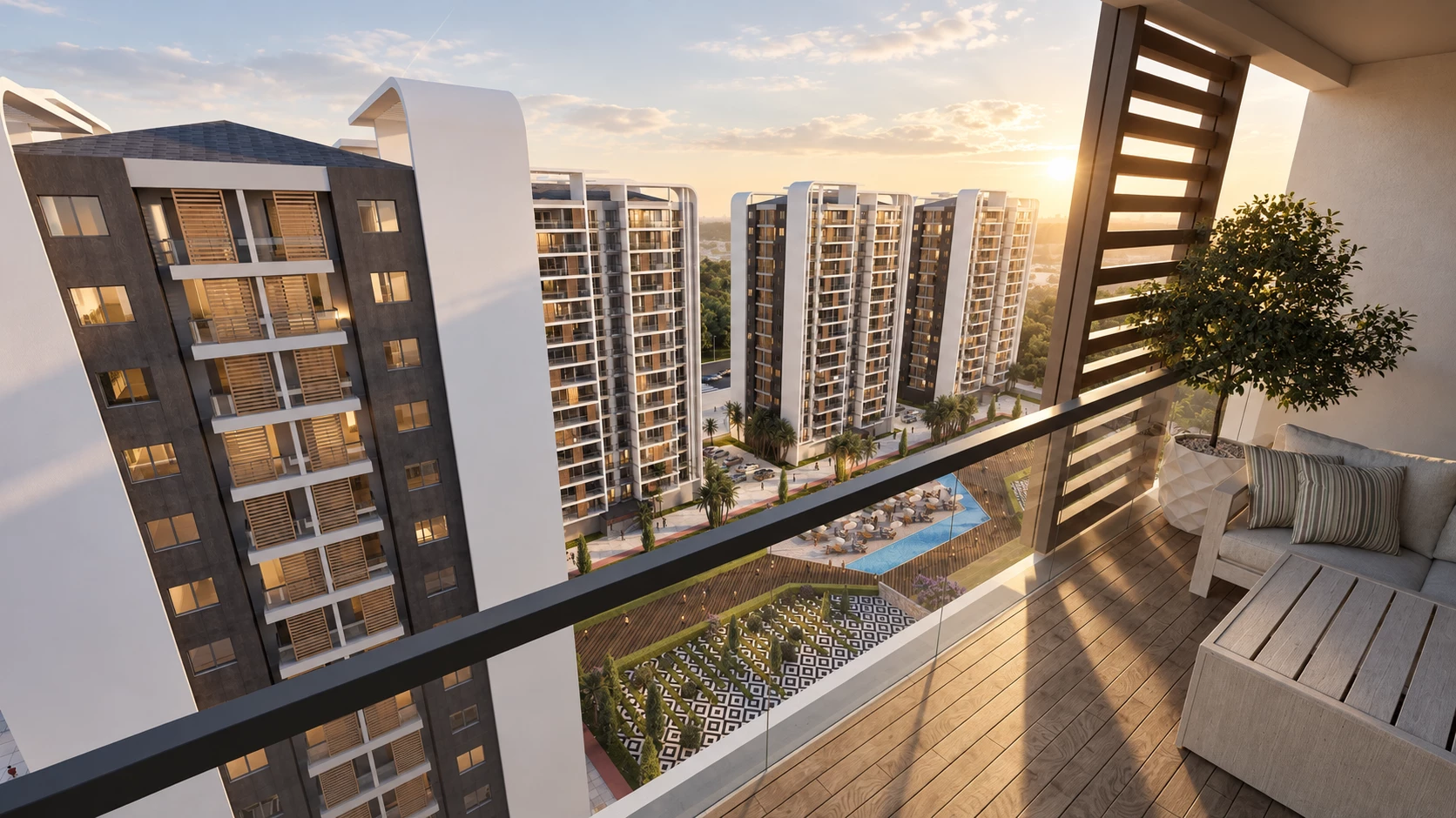 Park Evleri balkonundan sabah ışığı — düzenlenmiş proje görseli