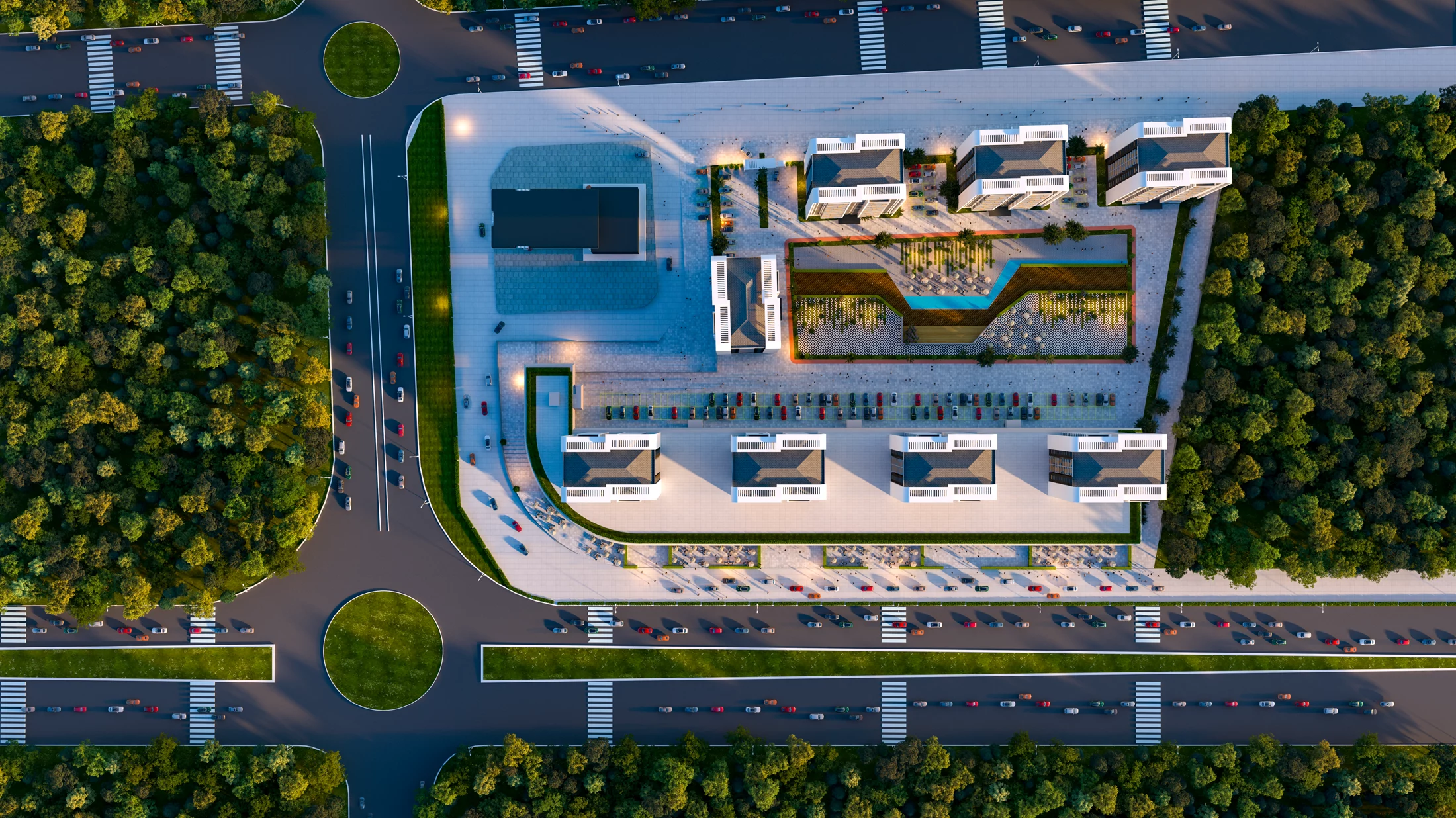 Park Evleri peyzajı ve iç avlusu, kuşbakışı mimari görselleştirme